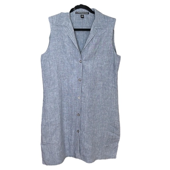 ELLEN TRACY Blue Linen Shirtdress Casual Lounge Sleeveless Button Front, Size 8 - Picture 10 of 13